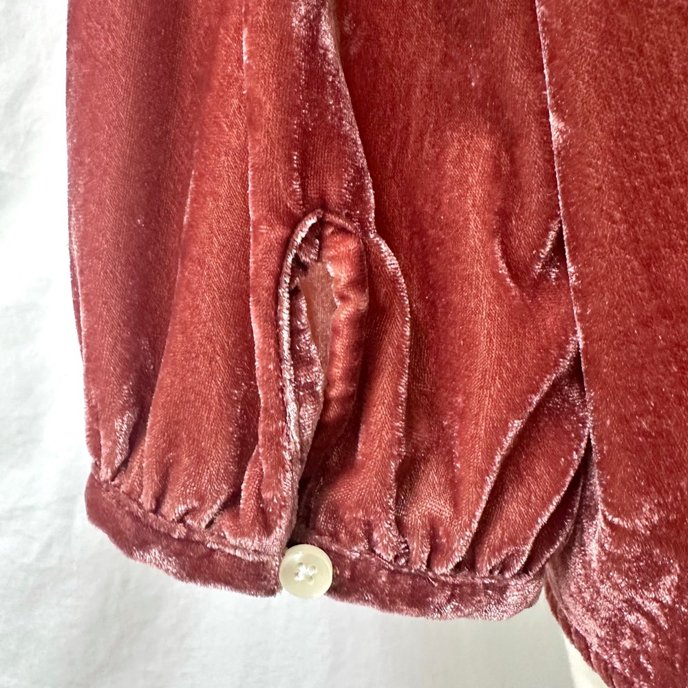 TROVATA BIRDS OF PARADIS Pink Velvet Ruffle Neck Bow Blouse M Balloon Sleeve - Picture 3 of 7